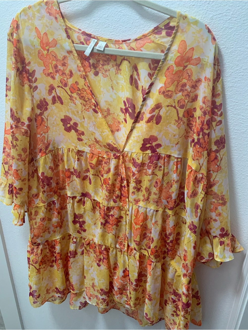 T.J.Maxx Yellow Floral Tiered V-Neck Tunic
